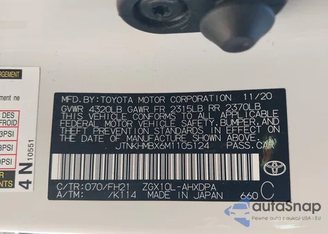 2021 Toyota C-Hr Le from USA, damaged, VIN JTNKHMBX6M1105124